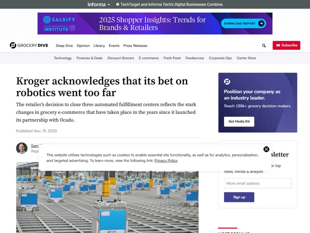 Kroger acknowledges that its bet on robotics went too far