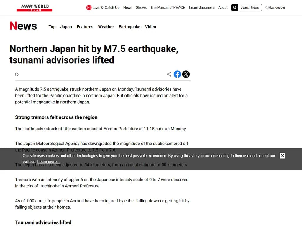 Strong earthquake hits northern Japan, tsunami warning issued