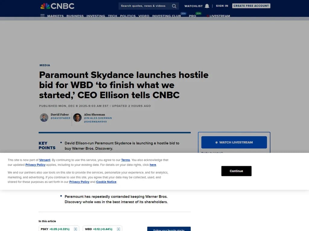 Paramount launches hostile bid for Warner Bros