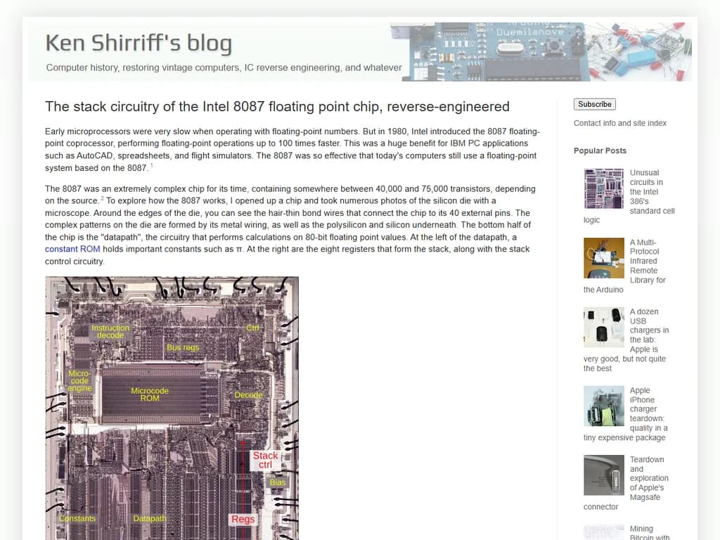 The stack circuitry of the Intel 8087 floating point chip, reverse-engineered