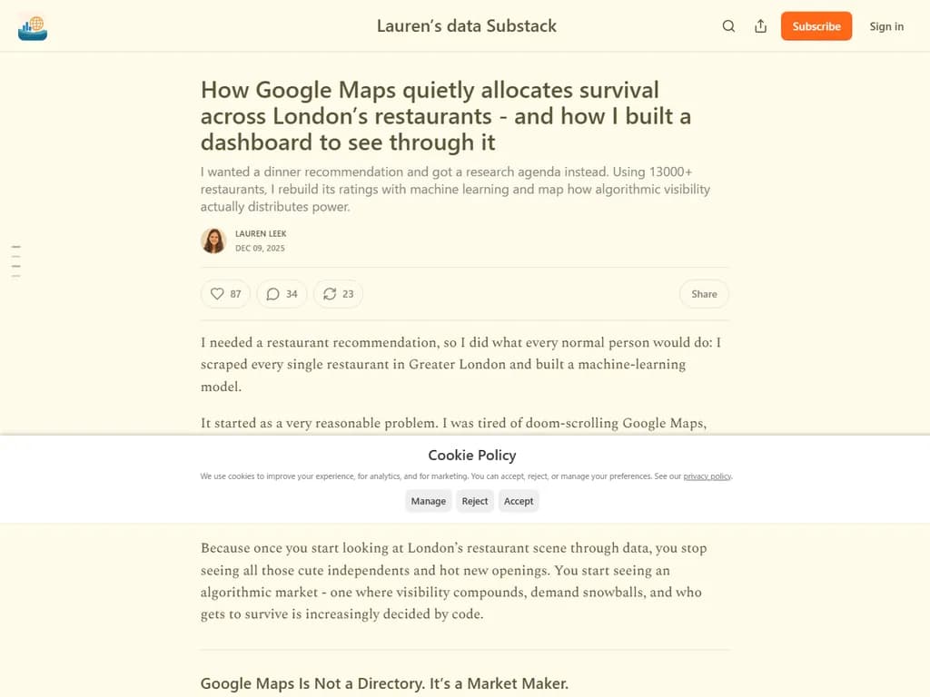 How Google Maps allocates survival across London's restaurants