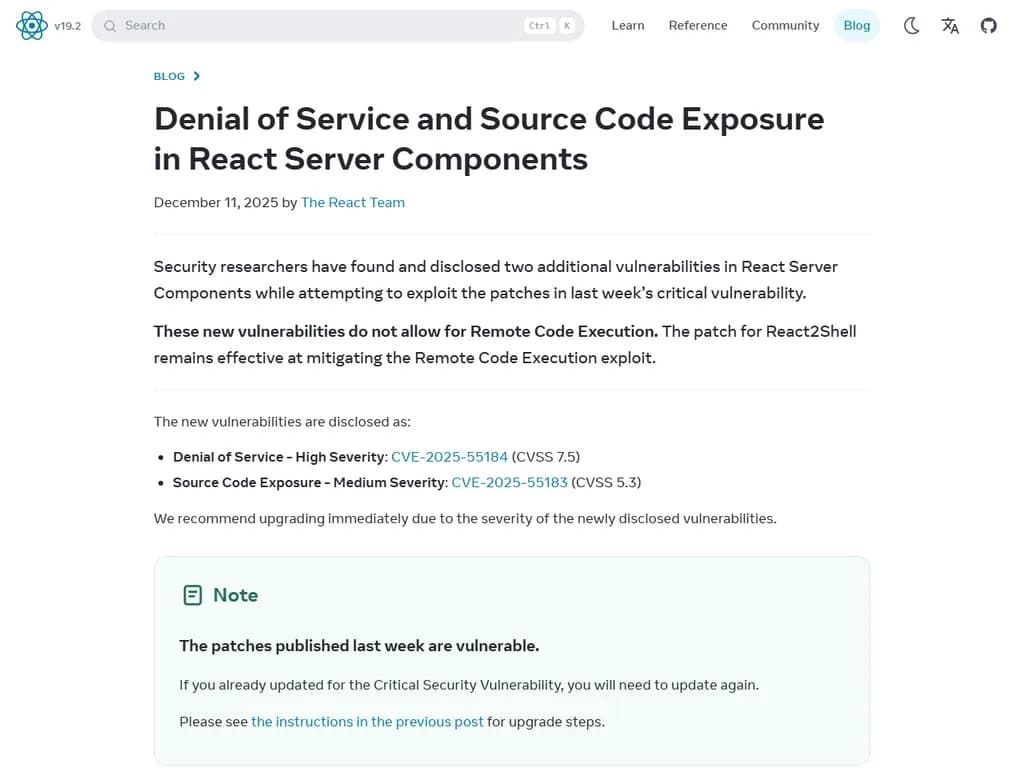 Denial of service and source code exposure in React Server Components