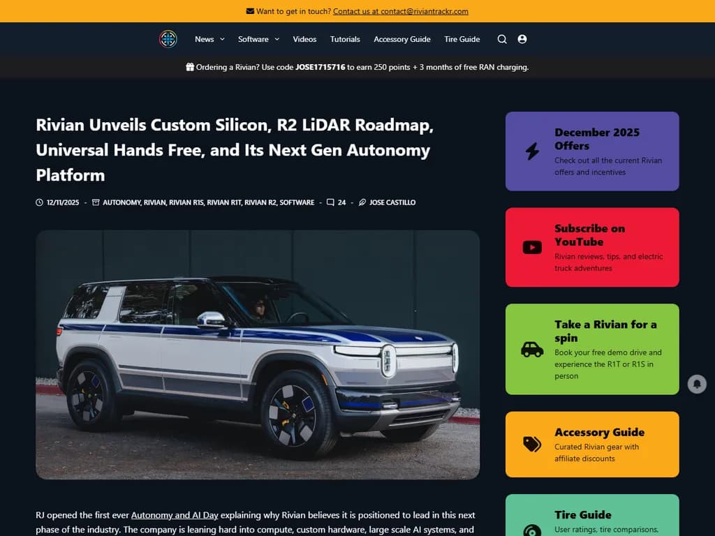 Rivian Unveils Custom Silicon, R2 Lidar Roadmap, and Universal Hands Free