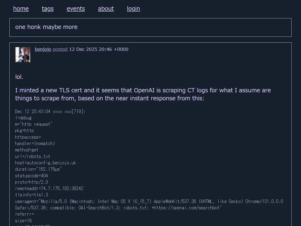 It seems that OpenAI is scraping [certificate transparency] logs