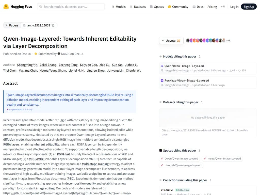 Qwen-Image-Layered: transparency and layer aware open diffusion model