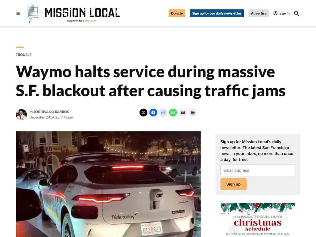 **Waymo halts service during S.F. blackout after causing traffic jams**

**ワイモー、交通渋滞を引き起こした後、サンフランシスコの停電中にサービスを一時停止**