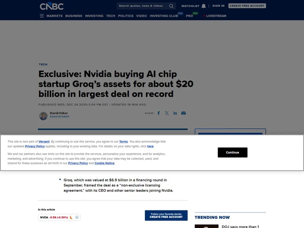 NVIDIAは、AIチップスタートアップGroqを約200億ドル（現金）で買収しています。