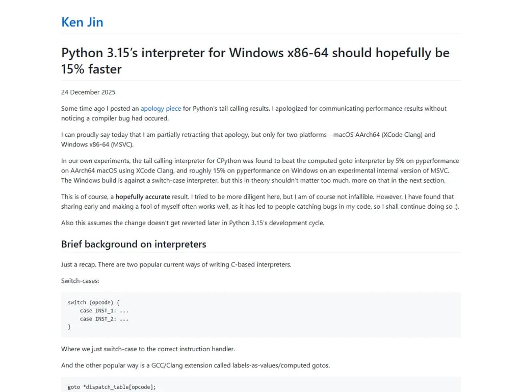 Windows x86‑64 用の Python 3.15 インタプリタは、ほぼ 15 ％速くなる見込みです。
