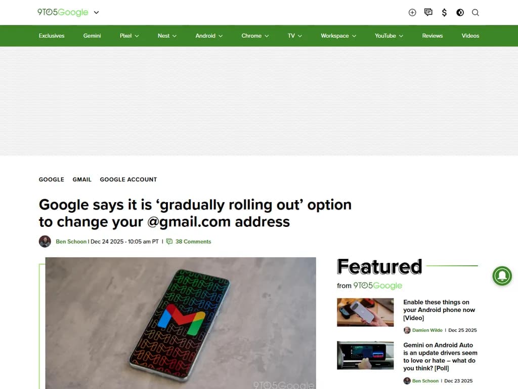 **Google、Gmail.com アドレス変更オプションを段階的に導入**