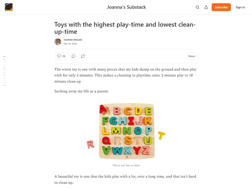 **最長遊び時間と最低掃除時間を誇るおもちゃ**

- **アクションフィギュア** ― 終わりのない想像力豊かなシナリオ。軽く拭くだけ、ほこりを払えば完了です。  
- **ブロック（例：LEGO）** ― 何時間も続く創造的な構築活動。後片付けはほんの少しの並べ替えで済みます。  
- **パズルゲーム** ― 魅力的な問題解決を楽しめます。部品は小さな容器に入れて保管すればOKです。  
- **インタラクティブぬいぐるみ** ― 触って抱きしめる楽しい時間と、ボタン一押しで動くシンプルな操作。掃除もほぼ不要です。  
- **磁気ドローイングボード** ― 磁石付きクレヨンで無限に落書きでき、ボードに貼ったままなので散らかりません。