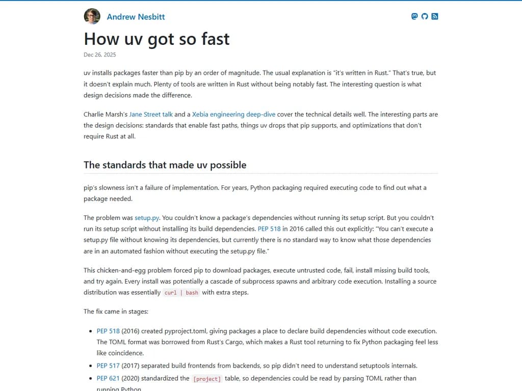 **原文：**  
「How uv got so fast」

**改訂（整理済み）：**  
「How did UV get so fast?」  

**日本語訳：**  
「UVはなぜそんなに速くなるのですか？」