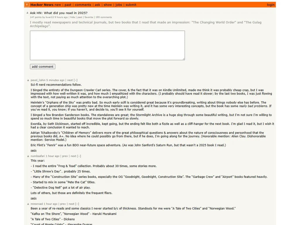 **Ask HN：** 「2025年に読んだものは何ですか？」