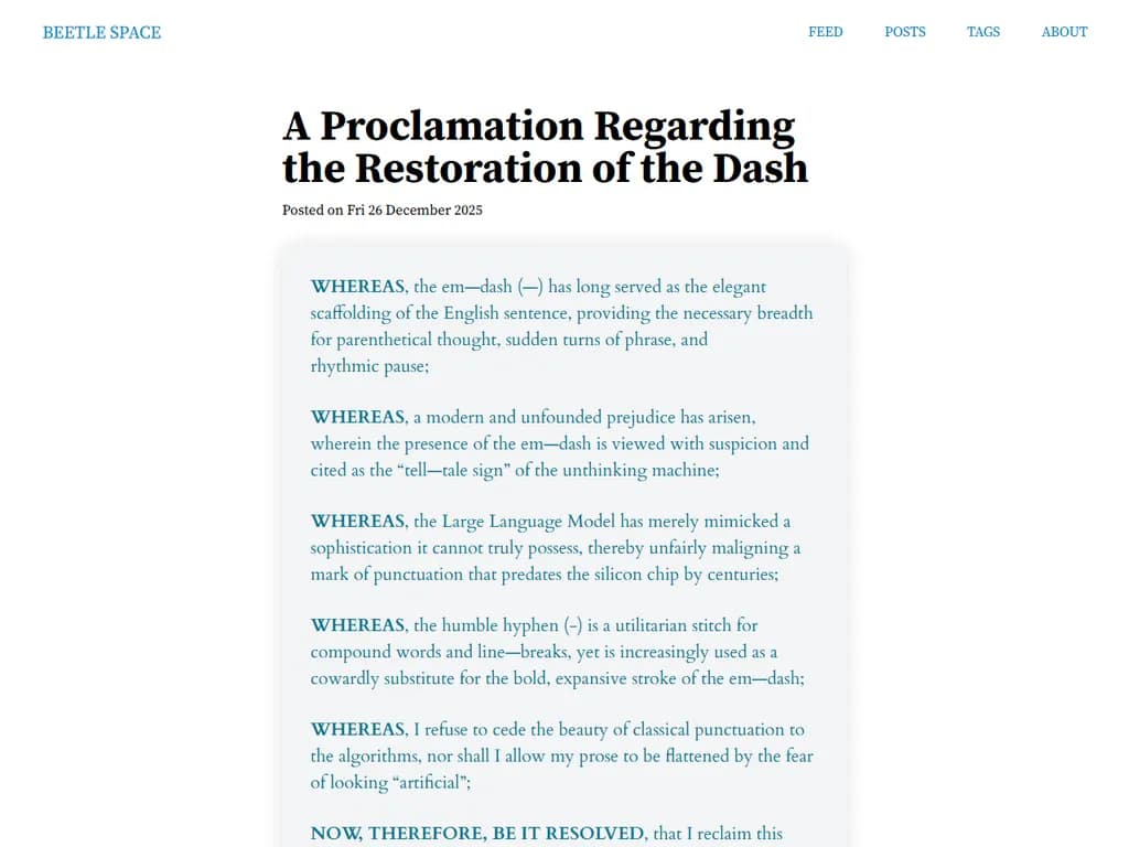 **ダッシュ再導入に関する宣言**

・本宣言は、現代の書面コミュニケーションにおいてダッシュを再び導入する重要性について述べている。  
・さまざまなメディアで一貫した使用法を確立するための指針を概説している。  
・目的は、正式・非公式両方の文脈において明瞭さと読みやすさを向上させることである。