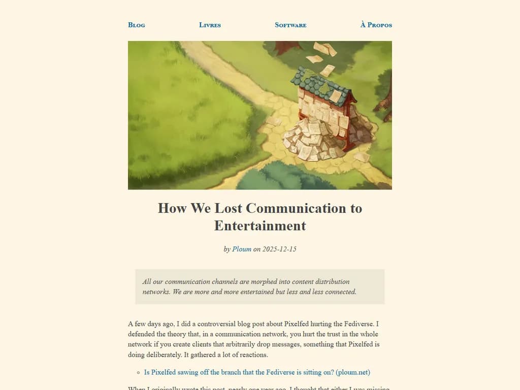 **エンターテインメントでのコミュニケーション喪失の理由**

近年、観客がエンターテインメントに関わる形態は劇的に変化しました。  
- **デジタル分散**：コンテンツは無数のプラットフォームに拡散され、クリエイターが統一したオーディエンスへ到達しにくくなっています。  
- **アルゴリズムによるゲートキーピング**：推奨システムは深みよりもクリックベイトを優先し、アーティストとファンの間で意味ある対話が薄れています。  
- **収益化圧力**：広告収入モデルはプロデューサーにセンセーション志向を促し、思慮深い物語よりも衝撃的な内容へ傾斜させます。

これらの要因が重なり合い、かつてクリエイターと観客が直接交流できたコメント欄・ライブチャット・ファンフォーラムなどの伝統的コミュニケーション手段を侵食しています。