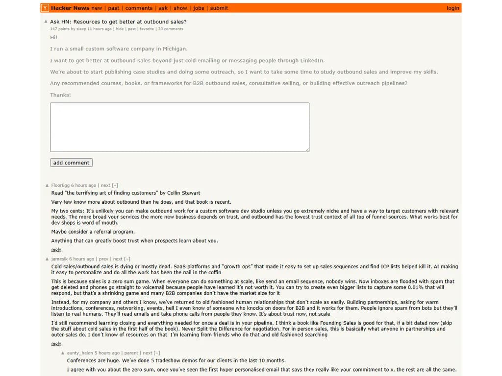 **Ask HN:**
*アウトバウンドセールスで上達するためのリソースは？*