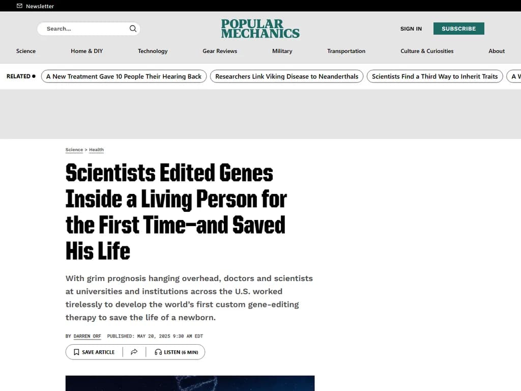 **タイトル：** 科学者が生体内で遺伝子を編集し、患者の命を救った

**要約：**  
研究者は患者に対して遺伝子編集を行い、生命を脅かす遺伝的欠陥を成功裏に修正しました。