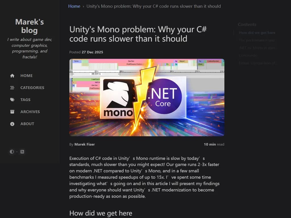 ## Unity の Mono に関する問題  
**C# コードが想定よりも遅く動作する理由**

---

### 1. 背景

- Unity は C# スクリプトの実行に **Mono**（または IL2CPP）をランタイムとして使用しています。  
- 開発者は、ネイティブ C++ コードと比べてパフォーマンスが低下することに気づくことが多いです。

### 2. 遅延の一般的な原因

| カテゴリ | よくある問題 | 発生理由 |
|----------|--------------|----------|
| **ガベージコレクション (GC)** | ゲームプレイ中に頻繁にメモリ確保 | GC の停止がゲームスレッドを止め、フレームレートの乱れを引き起こします。 |
| **Boxing/Unboxing** | 値型をオブジェクトへキャスト | 一時的なヒープオブジェクトが生成され、収集対象になります。 |
| **リフレクション** | 実行時に `System.Reflection` を使用 | 動的型解決のため、リフレクションは遅いです。 |
| **文字列連結** | ループ内で `+` を繰り返し使用 | 多くの中間文字列が生成され、GC の負荷が増大します。 |
| **大型 MonoBehaviour** | 一つのスクリプトに多くの責務を持たせる | フレームごとの作業量が増え、キャッシュミスにつながります。 |

### 3. プロファイリングのヒント

1. **Unity Profiler → CPU Usage を開く**  
   - 「Managed」と「Native」の時間差に注目します。  
2. **Memory タブを使用**  
   - ゲームプレイ中に急増する割り当てを探ります。  
3. **Profiler: Mono Runtime を有効化**  
   - GC、JIT、メソッド呼び出しの詳細が確認できます。

### 4. 最適化戦略

- **割り当てを最小限に抑える**  
  - オブジェクトを再利用；頻繁に使うインスタンスはプールします。  
  - ループ内で文字列を作る場合は `StringBuilder` を使用。  
- **Boxing を避ける**  
  - 値型はそのまま保持し、`object` へのキャストは控えます。  
- **リフレクション結果をキャッシュ**  
  - 最初の検索後に `MethodInfo` や `FieldInfo` を保存します。  
- **MonoBehaviour の複雑さを減らす**  
  - 大きなスクリプトは機能ごとに分割し、専念型コンポーネントへ移行。  
- **ホットパスにはネイティブプラグインを使用**  
  - 性能重視のコードは C++ プラグインへオフロードします。

### 5. ベストプラクティス

| 実践 | 実装例 |
|------|--------|
| **早期にプロファイル** | 開発初期から頻繁にプロファイラを走らせます。 |
| **クリーンコードを書く** | 可読性重視だが、割り当てには注意します。 |
| **Update ループは軽量化** | 重いロジックは Coroutine やバックグラウンドスレッドへ移行可能です。 |

### 6. リソース

- Unity Manual: [Performance Profiling](https://docs.unity3d.com/Manual/Profiler.html)  
- Unity Blog: 「Reducing GC Allocations in Unity」  
- Stack Overflow の Mono vs. IL2CPP パフォーマンスに関する議論  

---

**結論:**  
Mono がメモリと実行を管理する仕組みを理解し、効果的にプロファイルしてターゲット最適化を施すことで、Unity における C# スクリプトのランタイムオーバーヘッドを大幅に削減できます。