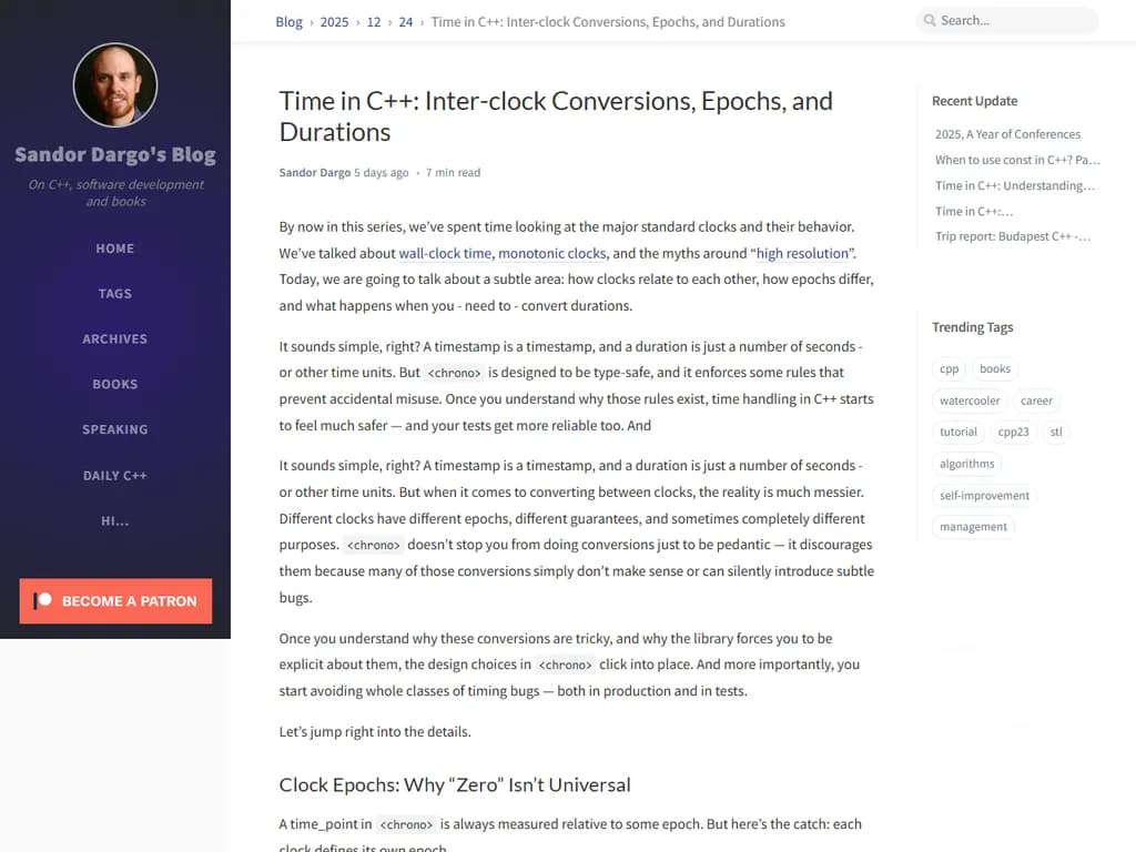 **タイトル:**  
C++における時間：クロック間変換、エポック、期間

---  

*本書では、モダン C++ で時間を扱うための主要概念と実践的テクニックについてまとめています。クロック種別、エポック計算、期間演算、および異なる時間表現間の変換方法を網羅しています。*