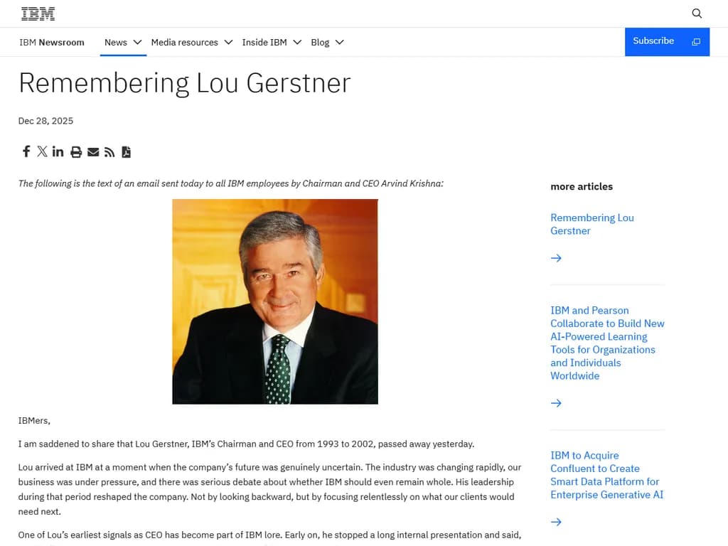 **ルー・ゲルトナーを偲んで**

1948年から2023年まで活躍したルー・ゲルトナーは、IBMを変革しテクノロジ業界全体の在り方に大きな影響を与えた先駆的な経営者です。

- **初期キャリア**
  - 1974年にIBMに入社し、財務職を通じて昇進。
  - 1991年に最高財務責任者（CFO）に就任、その後1993年に社長兼CEOに抜擢。

- **IBMの変革**
  - ハードウェアからサービス・ソフトウェアへ事業焦点を移行。
  - 積極的なコスト削減と不採算部門の売却を実施。
  - 「The Power of One（ワンの力）」という文化を導入し、部門横断的な協働を重視。

- **主な業績**
  - 1990年代初頭の景気後退期にIBMの経営を立て直す。
  - 「Think」ブランドを創設し、世界中でIBMのイメージを刷新。
  - Microsoftなど他テクノロジーリーダーとのパートナーシップを促進。

- **遺産**
  - 正直なコミュニケーションスタイルとデータ主導の意思決定で知られる。
  - 『IBM and the World』（1998）を著し、企業責任に対するビジョンを明示。
  - 2023年までテクノロジ戦略のアドバイスを継続。

ルー・ゲルトナーの在任期間は、財務的厳密さと先見性あるリーダーシップを融合した戦略的ターボンバックの典型例として今なお語り継がれています。