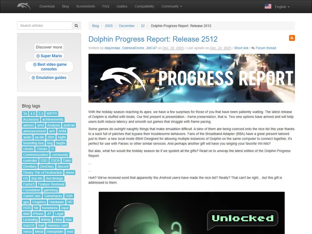 **Dolphin進捗報告 – リリース 2512**

- 本レポートでは、Dolphin の最新リリースにおける現在の状況と主要なマイルストーンを概説します。  
- 主なハイライトとしては、パフォーマンス向上、バグ修正、および新機能の統合が挙げられます。  
- 開発チームは今後の締切に合わせて作業を進めており、エンドユーザー向けに安定したビルドを提供できる見込みです。