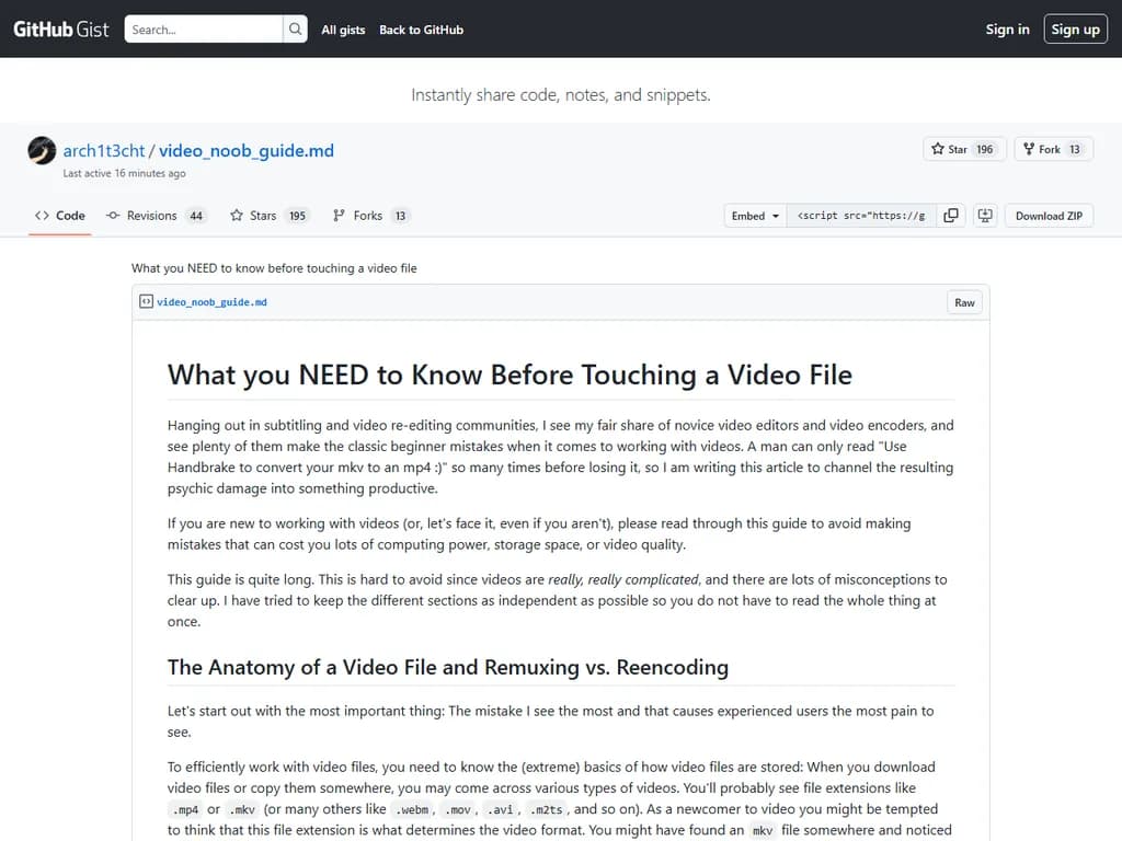 **ビデオファイルに触れる前に知っておくべきこと**

- **フォーマットを確認する**  
  ファイルがMP4、MOV、AVI、MKVなどのどれであるかを特定し、破損していないかもチェックします。

- **コーデックを確認する**  
  必要なコーデックがインストールされていることを確認してください。さもなくば再生に失敗したり画質が乱れる恐れがあります。

- **まずバックアップを取る**  
  編集や変換を行う前に必ず元ファイルのコピーを作成し、偶発的なデータ損失を防ぎます。

- **ツールを知っておく**  
  ファイルタイプと目的に合った信頼できるソフトウェア（例：HandBrake、VLC、Adobe Premiere）を使用します。

- **ファイルサイズと品質の関係を理解する**  
  ビットレートが高いほど画質は向上しますが、サイズも大きくなります。圧縮設定が不適切だと品質低下につながるため注意が必要です。

- **著作権を尊重する**  
  動画内容の編集や配布には必ず許可を得てください。

- **ハードウェア性能を考慮する**  
  高解像度映像を編集する場合は、十分なRAM・CPU/GPUパワーと高速ストレージが必要です。

- **メタデータを保全する**  
  タイトル、字幕、タグなどが整理や将来利用に重要であれば、そのまま保持します。

- **作業フローを計画する**  
  トリミング・カラー補正・エンコードといった処理順序を決め、再現性のために手順を記録しておきます。

これらのポイントを意識すれば、ビデオファイルを安全かつ効率的に扱うことができます。