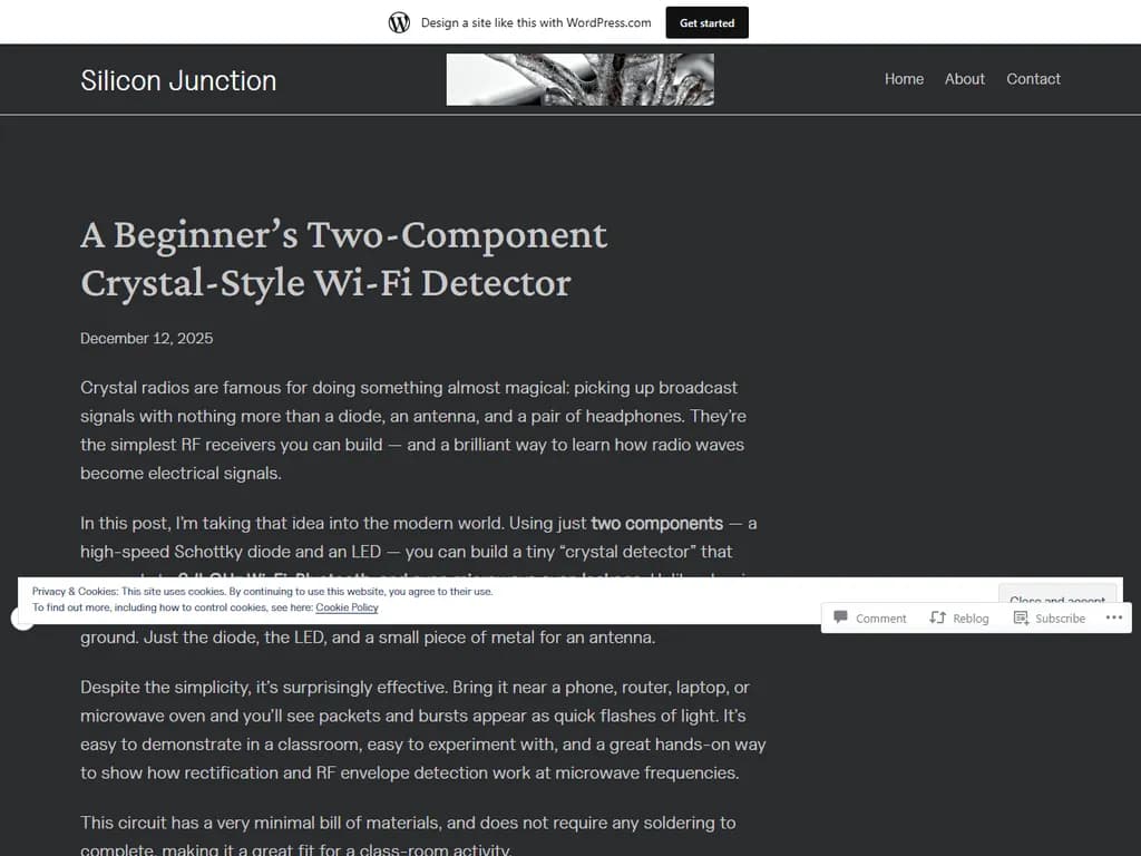 **初心者向け二成分クレスタイプWi‑Fi検知器**

* **はじめに**  
  * 検知器の目的  
  * 主な構成要素：クリスタル発振器とRF増幅器  

* **必要材料**  
  * クォーツ結晶（10 MHz）  
  * 低雑音増幅IC  
  * アンテナコイル  
  * 電源（3.3 Vまたは5 V）  
  * PCBまたはパーフボード  
  * 基本的な手工具  

* **回路概要**  
  * クレスタイプ発振器の回路図  
  * 増幅器のバイアスとフィルタ段階  
  * アンテナから検知器出力への信号経路  

* **組み立て手順**  
  1. 結晶を基板に取り付け、リード線をはんだ付けする。  
  2. 増幅器の電源レールとグランドを接続する。  
  3. アンテナコイルを増幅器入力に配線する。  
  4. 必要ならローパスフィルタを追加する。  
  5. Wi‑Fiソースへ接続する前に信号発生器で試験する。  

* **テストとキャリブレーション**  
  * オシロスコープで発振周波数を確認する。  
  * 感度最適化のためにゲインを調整する。  
  * 知識あるWi‑Fiルーターを使用して検知を確証する。  

* **トラブルシューティングヒント**  
  * 結晶の向きとはんだ付け点を確認する。  
  * ノイズ低減のために適切なグランド接続を行う。  
  * 電源電圧の安定性を検証する。  

* **安全とコンプライアンス**  
  * アマチュア用検知器としてFCC規制内で運用する。  
  * 高出力送信機からはデバイスを遠ざける。