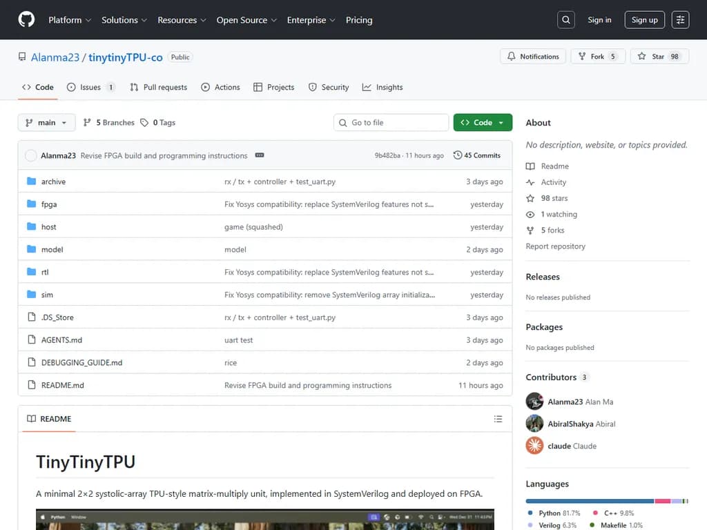 TinyTinyTPU：FPGA上に実装された、2×2システマティックアレイ型のTPUスタイル行列乗算ユニット