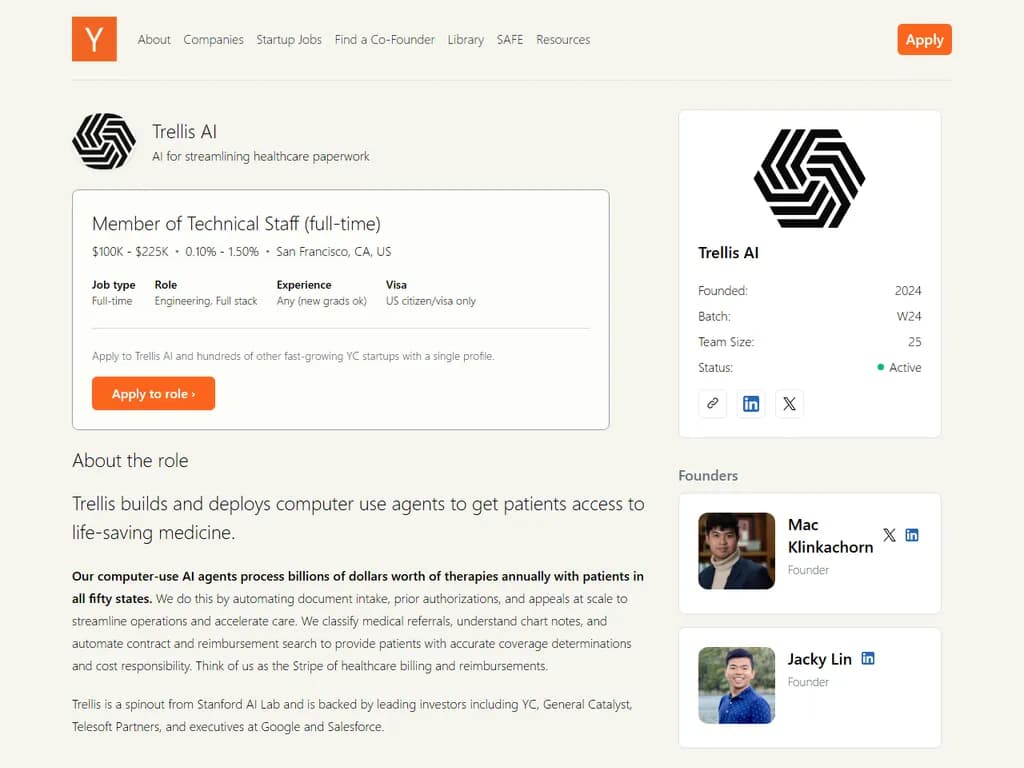 **Trellis AI（YC W24）**  
医療アクセス向けのAIエージェント開発に携わるエンジニアを募集しています。