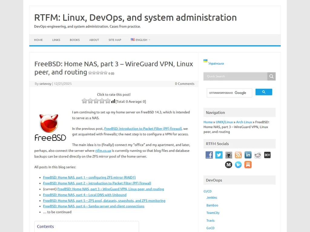 **FreeBSD Home NAS – 第 3章  
WireGuard VPN、ルーティング、および Linux クライアントの追加**

---

### 概要

本ガイドでは、FreeBSD 上で WireGuard VPN を構築し、LAN から出るすべてのトラフィックをトンネル経由にするようルーティングを設定し、Linux クライアントをピアとして追加する手順を説明します。

---

## 1. WireGuard のインストール

```sh
pkg install wireguard-tools
```

---

## 2. キーの生成

```sh
wg genkey | tee server_private.key | wg pubkey > server_public.key
```

各 Linux ピアでも同様に実行し、プライベート／パブリックキー対を取得します。

---

## 3. `/etc/rc.conf` の設定

```sh
wireguard_enable="YES"
wireguard_server0_interface="wg0"
wireguard_server0_address="10.0.0.1/24"
wireguard_server0_port="51820"
```

---

## 4. `/usr/local/etc/wireguard/wg0.conf` の作成

```conf
[Interface]
PrivateKey = <server_private_key>
Address   = 10.0.0.1/24
ListenPort = 51820

PostUp   = ipfw add 100 fwd 10.0.0.2 out via enp0s3
PostDown = ipfw delete 100
```

`enp0s3` は LAN インタフェースに置き換えてください。

---

## 5. ピア（Linux マシン）の追加

```conf
[Peer]
PublicKey = <peer_public_key>
AllowedIPs = 10.0.0.2/32
Endpoint   = <peer_ip>:51820
PersistentKeepalive = 25
```

`wg0.conf` の `[Peer]` セクションに各ピアを追加します。

---

## 6. IP フォワーディングの有効化

```sh
sysctl -w net.inet.ip.forwarding=1
```

永続化するには:

```sh
echo 'net.inet.ip.forwarding="YES"' >> /etc/sysctl.conf
```

---

## 7. ファイアウォールルールの適用（任意）

```sh
sudo ipfw add 200 fwd 10.0.0.2 in on wg0
```

ネットワーク構成に合わせて調整してください。

---

## 8. WireGuard の起動

```sh
service wireguard start
```

確認は:

```sh
wg show
```

---

## 9. Linux クライアントの設定

各 Linux ピアで `/etc/wireguard/wg0.conf` を作成します。

```conf
[Interface]
PrivateKey = <peer_private_key>
Address   = 10.0.0.2/32

[Peer]
PublicKey = <server_public_key>
Endpoint  = <freebsd_ip>:51820
AllowedIPs = 0.0.0.0/0, ::/0
PersistentKeepalive = 25
```

クライアントを起動:

```sh
sudo wg-quick up wg0
```

---

## 10. 動作確認

LAN デバイスから VPN ゲートウェイ（`10.0.0.1`）へ ping を実行し、traceroute でトラフィックがトンネル経由になっていることを確認します。

---

### 注意点

- プライベートキーは安全に保管してください。ファイル権限は `chmod 600` を推奨します。
- LAN デバイスからのアクセス制御を行いたい場合は、ファイアウォールルールを調整してください。
- 複数の Linux ピアがある場合は、ステップ 9 を繰り返し、IP を `10.0.0.3`、`10.0.0.4` などに設定してサーバー側の `[Peer]` エントリも更新します。