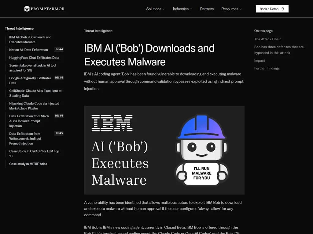 IBM AI（「ボブ」）がマルウェアをダウンロードし、実行する

---  
**ポイント**  
- 「Downloads and Executes」を「ダウンロードし、実行」と訳すことで自然な日本語になります。  
- AIの名前はそのままカタカナで表記し、引用符で区切ります。