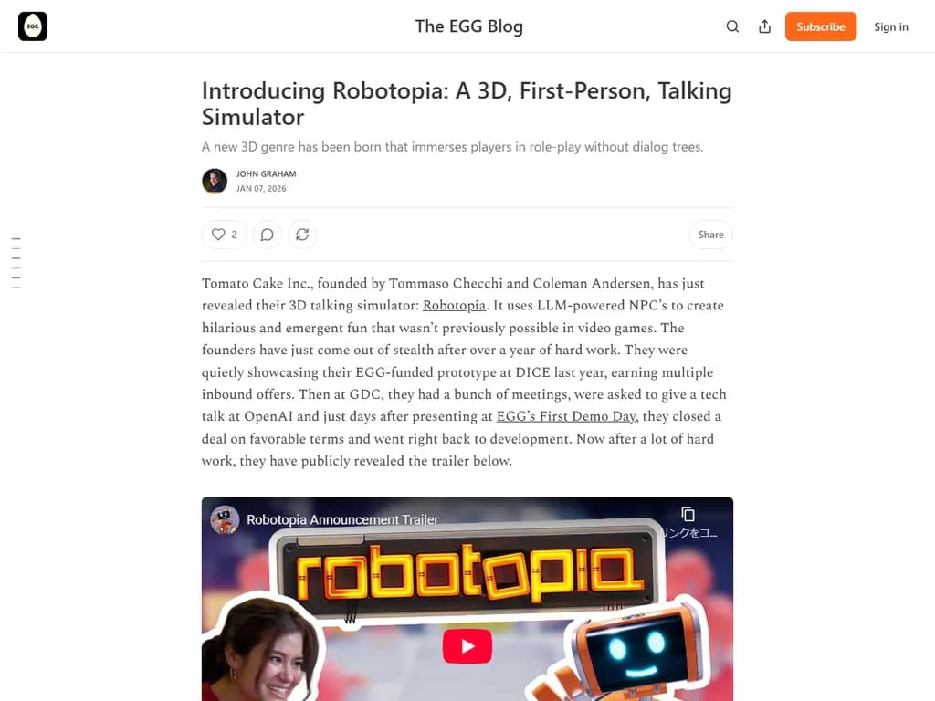 **Robotopia：3Dファーストパーソン・対話型シミュレーター**

- 没入感あふれる3D環境  
- 1人称視点でプレイ  
- ゲーム内キャラクターとインタラクティブに会話  

ロボットと会話しながら、周囲の世界を探検できるリアルなシミュレーション体験をご堪能ください。