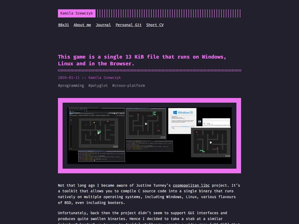 このゲームは、Windows・Linux・ブラウザ上で動作する単一の13 KiBファイルです。