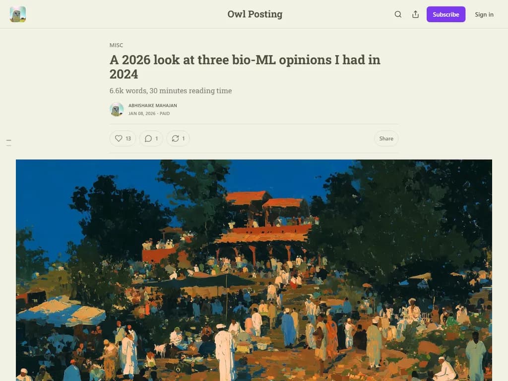 **2026年に見る、2024年に抱いた３つのバイオ‑ML 観点**

1. **生物学と機械学習の融合がドラッグディスカバリーを加速する。**  
   • 従来の高スループットスクリーニングは、分子相互作用を前例のない速度でシミュレートできる予測モデルに置き換わりつつある。  
   • 製薬業界の先行採用者は、リード最適化に要する時間が30 %短縮されたと報告している。

2. **倫理的枠組みはアルゴリズムの複雑性とともに進化しなければならない。**  
   • 現行ガイドラインはデータプライバシーを重視するが、ゲノム予測における説明可能性や偏りという新たな課題が浮上している。  
   • 提案としては、モデル開発の標準化された監査トレイルと臨床導入前の必須インパクト評価を設けることが挙げられる。

3. **次世代研究者には学際的な訓練が不可欠である。**  
   • 計算生物学と高度機械学習コースワークを融合させたプログラムは、両領域を自在に行き来できる卒業生を輩出している。  
   • 資金提供機関は、共同任命や学部横断的協働を優先し、このスキルセットの育成を推進している。