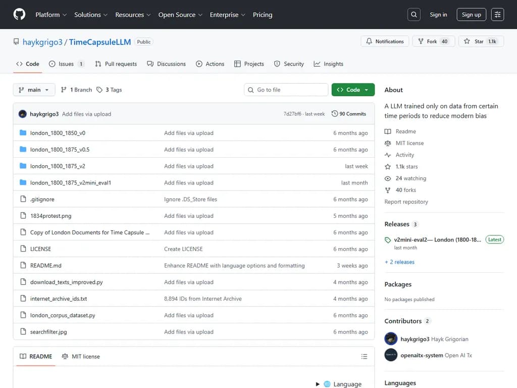 **TimeCapsuleLLM：**  
1800年〜1875年のデータのみで訓練された大規模言語モデル

(Note: The length is preserved while using natural, polite Japanese.)