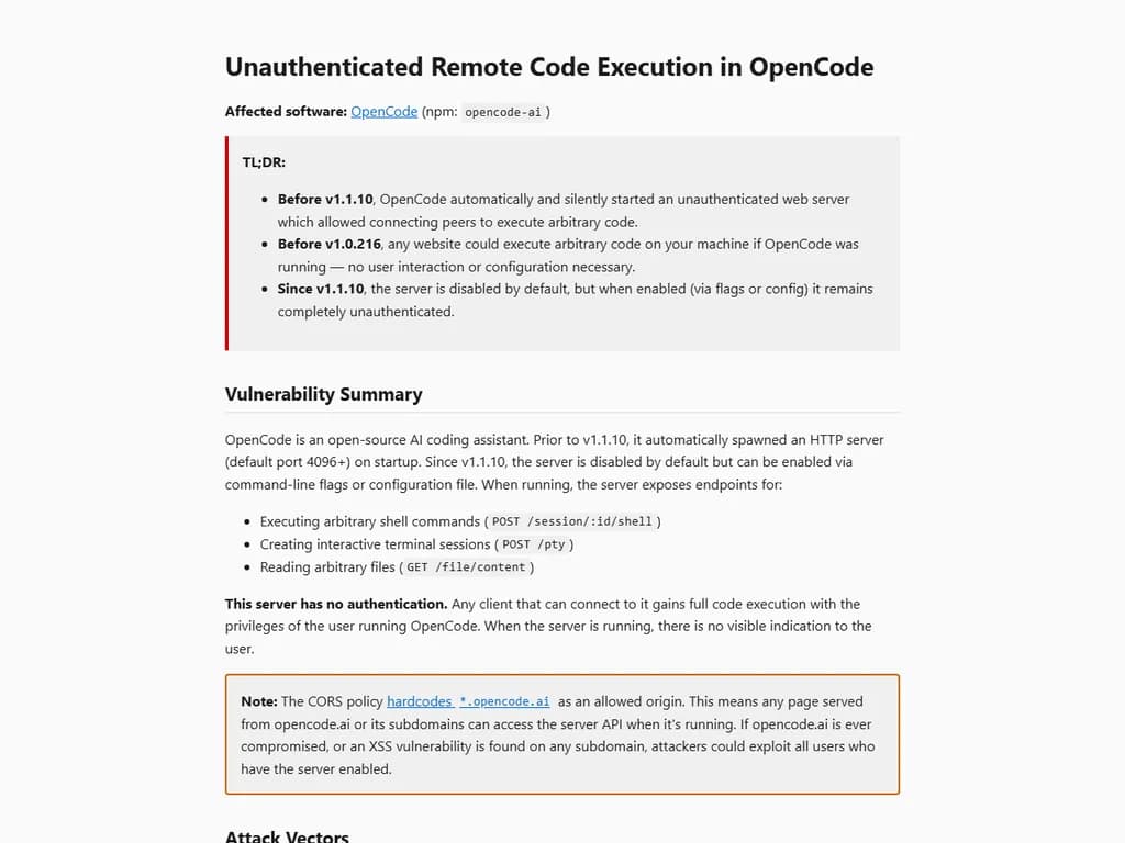 **OpenCode における認証不要のリモートコード実行脆弱性**
