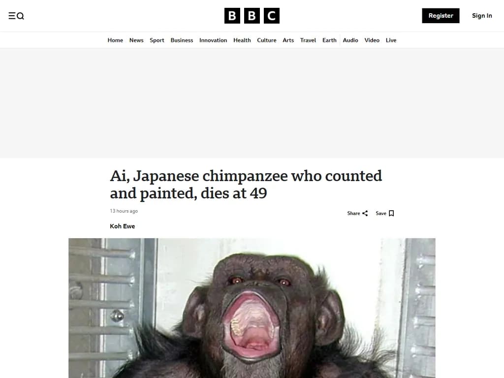 数えたり絵を描いたりしたことで知られる日本のチンパンジー・アイが49歳で亡くなった。