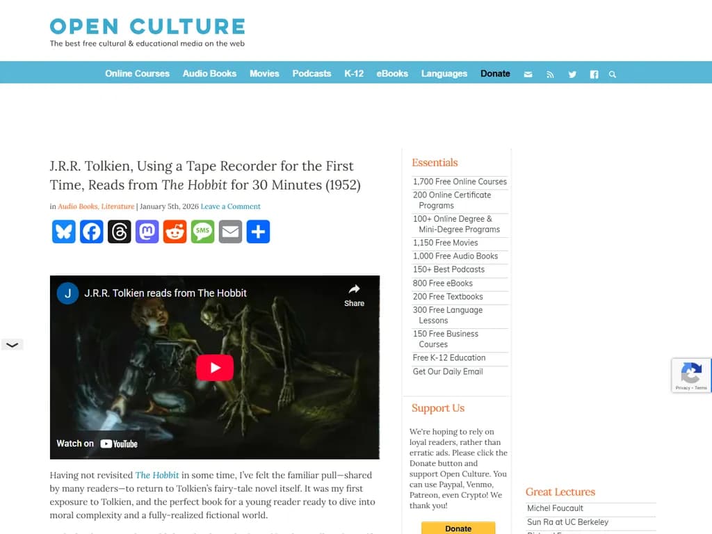 J.R.R. トールキンは1952年に『ホビット』から30分間朗読しました。