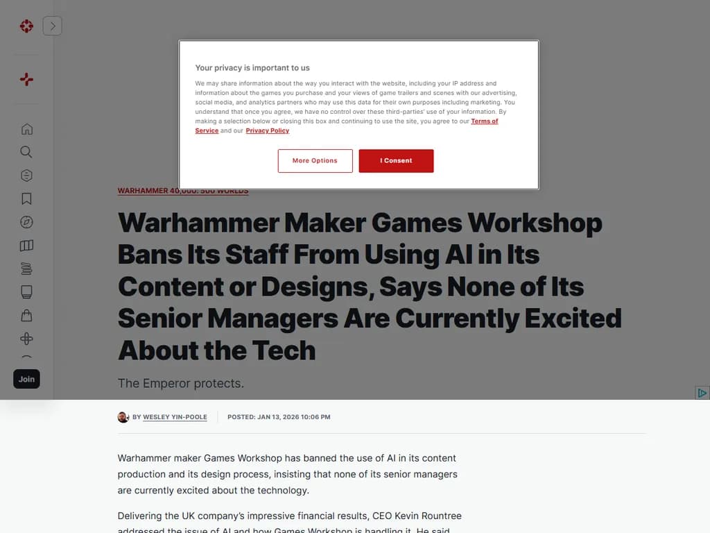 **ゲームズ・ワークショップ、スタッフのAI使用を全面禁止　経営陣はテクノロジーに興味津々でない**

- 同社は従業員が業務上人工知能ツールを利用することを一律で禁じる方針を採用しました。  
- 経営層は知的財産の安全性や創造的コントロールへの影響を懸念していると述べています。  
- 業界内では注目が集まっても、上級経営者はAIがデザイン・生産フローに与えるメリットに対し慎重な姿勢を保ち続けています。