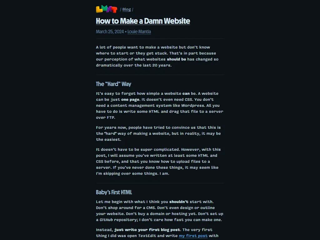 **ウェブサイトを作る方法（2024）**

1. **サイト設計をする**  
   - 目的と対象読者を定義  
   - レイアウトとナビゲーションをスケッチ  

2. **プラットフォームを選ぶ**  
   - コンテンツ管理システム（例：WordPress、Joomla）  
   - 静的サイトジェネレーター（例：Hugo、Jekyll）  

3. **ホスティングとドメインを取得**  
   - ドメイン名を登録  
   - ホスティングプロバイダーを選択（共有、VPS、クラウド）

4. **開発環境を整える**  
   - 必要なソフトウェアをインストール（IDE、Git、Node.js など）  
   - Gitでバージョン管理を初期化  

5. **サイト構築**  
   - HTML/CSS/JavaScript を書くかテンプレートを利用  
   - 画像や資産を最適化  

6. **ブラウザ・デバイスでテスト**  
   - レスポンシブとアクセシビリティを確認  
   - パフォーマンス指標（PageSpeed、Lighthouse）をチェック  

7. **本番環境へデプロイ**  
   - FTP、Git、CI/CDパイプラインでコードをアップロード  
   - HTTPS 用に SSL/TLS を設定  

8. **保守・更新**  
   - 定期的にバックアップ  
   - ソフトウェアとプラグインを最新状態に保つ  

**ヒント**  
- SEO 強化のためセマンティック HTML を使用  
- 外部スクリプトは最小限にして読み込み速度を向上  
- 可能な限りキャッシュ（ブラウザ、CDN）を活用