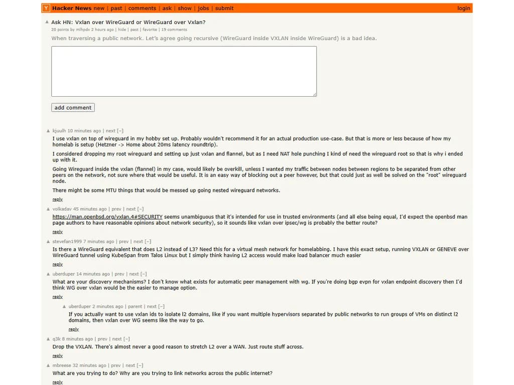 **HNに質問：**  
「WireGuard上でVxLANを使うか、VxLAN上でWireGuardを使うか？」