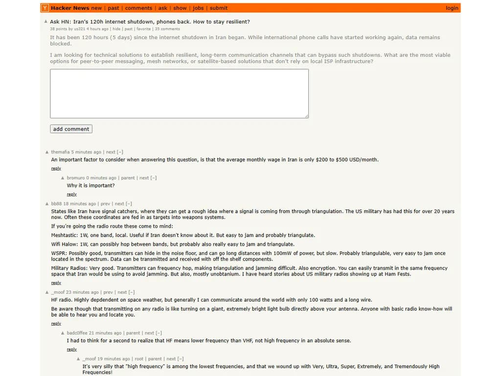 **Ask HN:** イランで実施された120時間のインターネット遮断と電話再開―どのようにレジリエンス（回復力）を保つか？