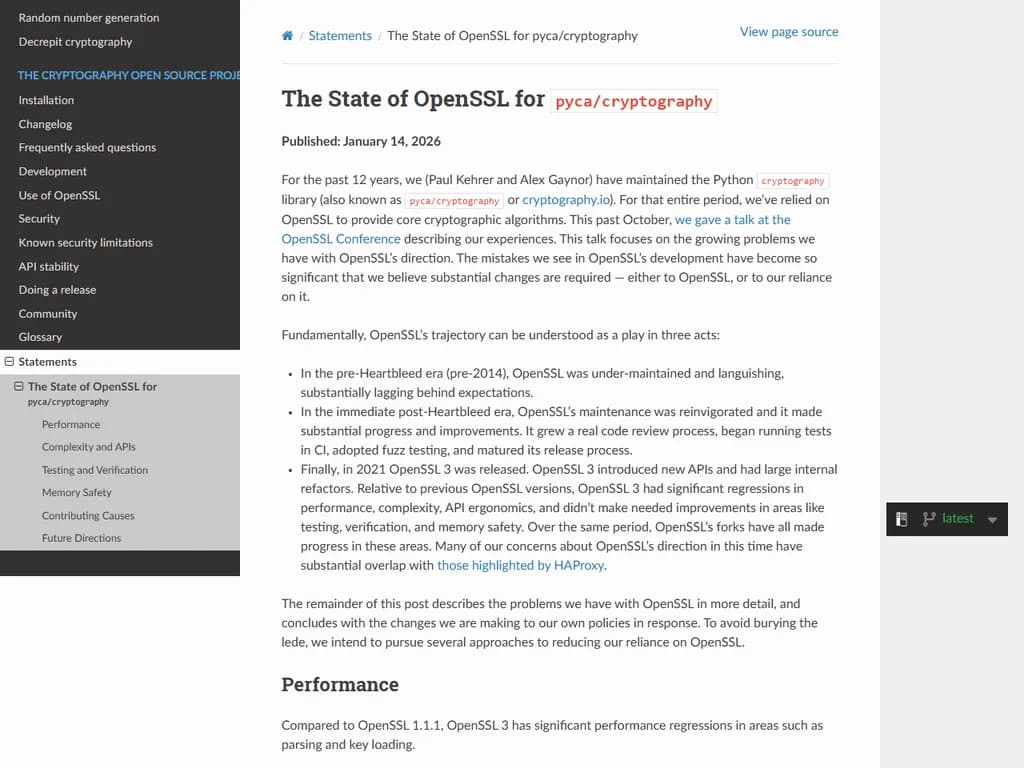 **PyCA／Cryptography における OpenSSL の現状**

本書は、OpenSSL を PyCA Cryptography プロジェクトに組み込む際の現在の状態・利用指針、および今後の方針をまとめたものです。