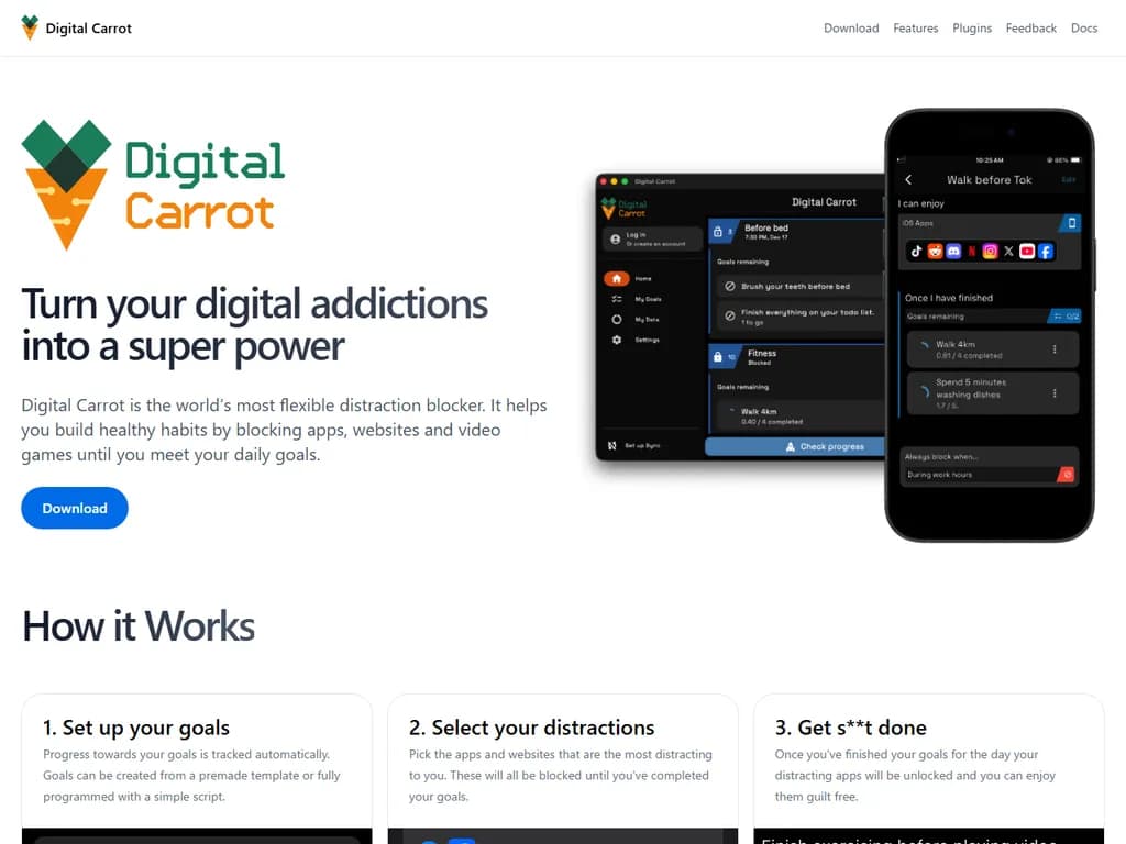**Show HN:** *Digital Carrot* – プログラム可能なルールと目標でソーシャルメディアをブロックするツール