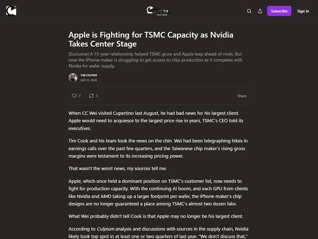 AppleはTSMC（台湾半導体製造会社）のキャパシティを巡って争っていますが、同時にNvidiaが注目の中心になっています。