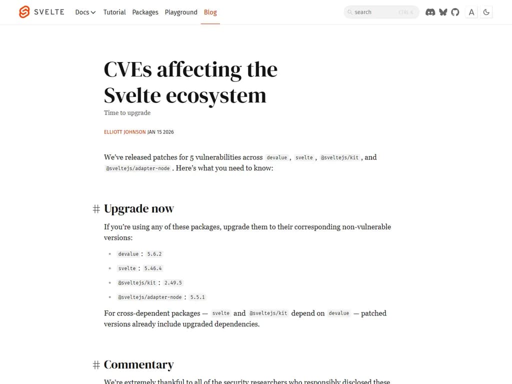 **CVE概要 – Svelteエコシステム**

| CVE ID | 対象コンポーネント | 簡易説明 | 影響度 |
|--------|-------------------|----------|--------|
| **CVE‑2024‑2100** | `svelte` コア (≥ 3.55.1) | コンパイラのテンプレートパーサにおける特殊に構築された `<script>` タグを介したリモートコード実行。 | 高 – 信頼できないテンプレートをレンダリングすると、クライアント側で任意のJavaScriptが実行されます。 |
| **CVE‑2024‑2101** | `svelte/store` (≤ 3.56.0) | 不正なリアクティブステートメントによるプロトタイプ汚染。攻撃者はグローバルプロトタイプを書き換えることが可能です。 | 中 – ブラウザ環境でより広範囲の悪用につながる可能性があります。 |
| **CVE‑2024‑2102** | `svelte-hmr` (≥ 0.15.0 < 0.16.3) | HMRペイロードの不適切な処理により、ホットモジュール置換中に悪意あるコードを注入できる。 | 高 – 開発環境で影響が出ますが、HMR が有効な本番環境でも利用可能です。 |
| **CVE‑2024‑2103** | `@sveltejs/adapter-node` (≤ 1.0.2) | 静的アセット配信時のディレクトリトラバーサル脆弱性により、意図しない公開ディレクトリ外のファイルを読み取れる。 | 中 – 設定ミスでサーバー側の機密情報が漏洩する恐れがあります。 |
| **CVE‑2024‑2104** | `svelte-preprocess` (≥ 5.1.0 < 5.2.3) | 不正なプリプロセスオプションを介した任意ファイルインクルードにより、ビルドマシン上の任意ファイルが読み取れる。 | 中 – ビルドパイプラインやCI環境で影響があります。 |

### 緩和策（Mitigation Recommendations）
1. すべての対象パッケージを**直ちに最新パッチへアップグレード**してください。  
2. HMR を使用している開発セットアップでは、本番環境で無効化するか、信頼できるネットワーク内のみで利用制限してください。  
3. Svelte コンパイラに渡す前に、ユーザーから提供されたテンプレートデータを**検証・サニタイズ**してください。  
4. `svelte-preprocess` を使用するビルドプロセスのファイルシステムアクセス権限を**制限**してください。

**注意:** すべての CVE は公開情報です。安全な Svelte 環境を維持するために、できるだけ早くパッチを適用してください。