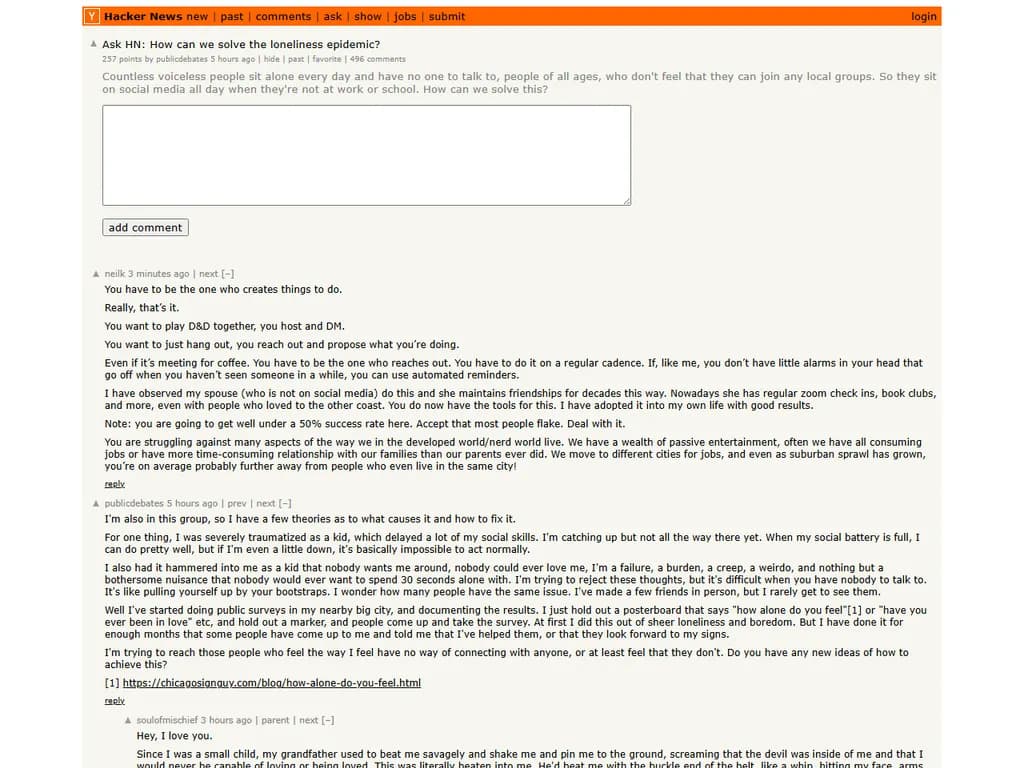 **Ask HN:** 孤独流行病をどう解決できるでしょうか？