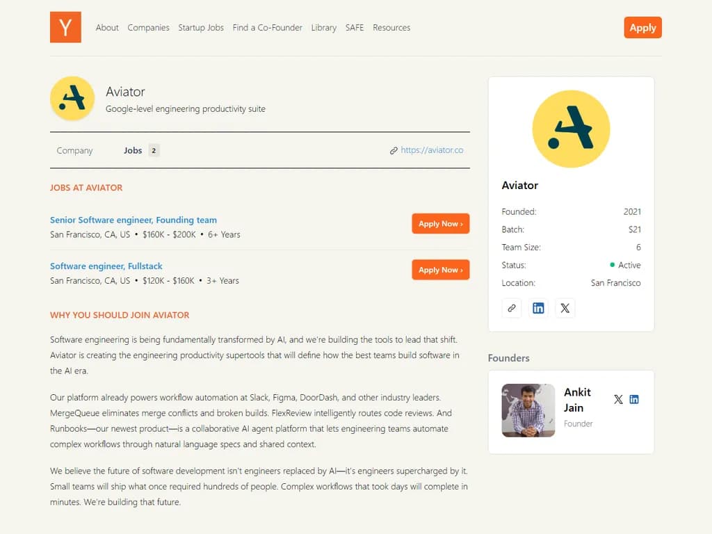 Aviator（YC S21）は、マルチプレイヤーAIコーディングプラットフォームを構築するために採用活動を行っています。