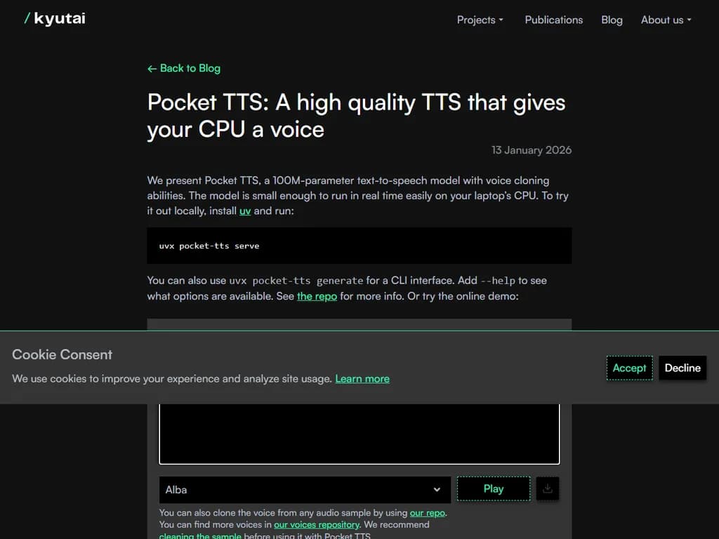 **Pocket TTS**  
「Pocket TTS ― CPU に声を吹き込む高品質テキスト読み上げシステム」