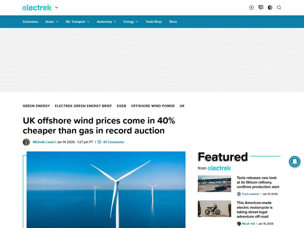 英国のオフショア風力価格は、記録的入札でガス価格を40 %下回る形で決定されました。