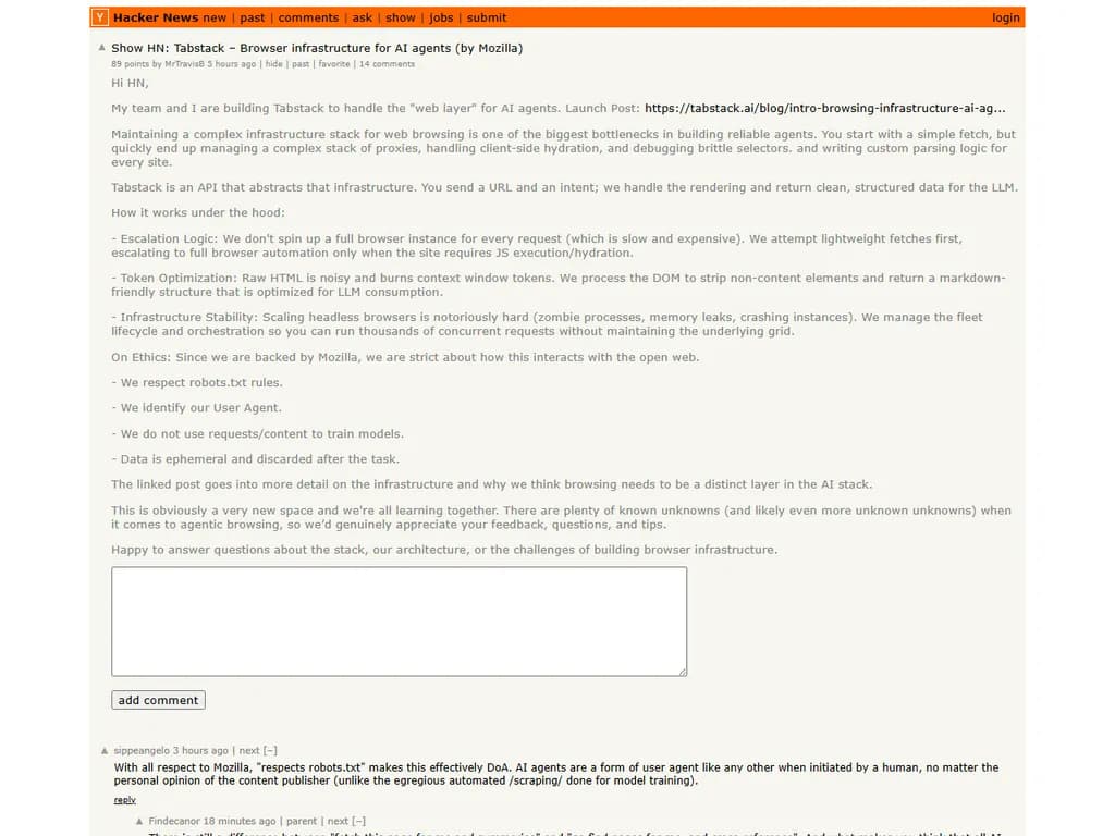 **Show HN：Tabstack ― AI エージェント用のブラウザインフラ（Mozilla制作）**